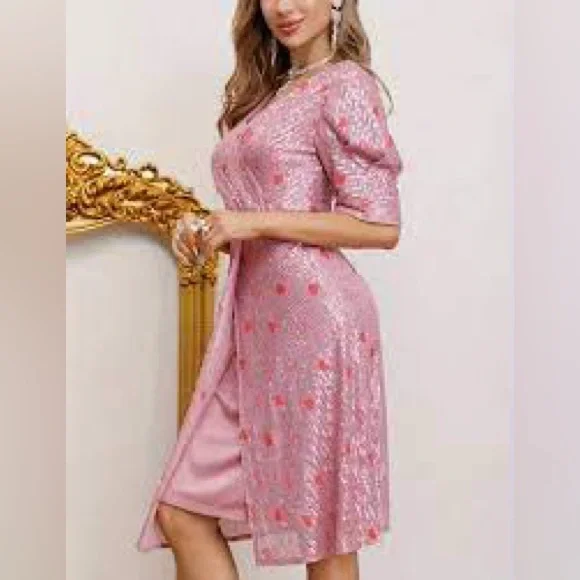 Fairy Faeriesty Glam Pink Sequin Midi Dress Sparkle Luxury Luxe Hearts M - Picture 5 of 6